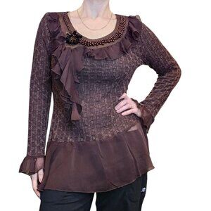 Y2K‎ Womens Brown Thin Sweater Ruffles Boho Semi-sheer Beaded Peplum Lagenlook